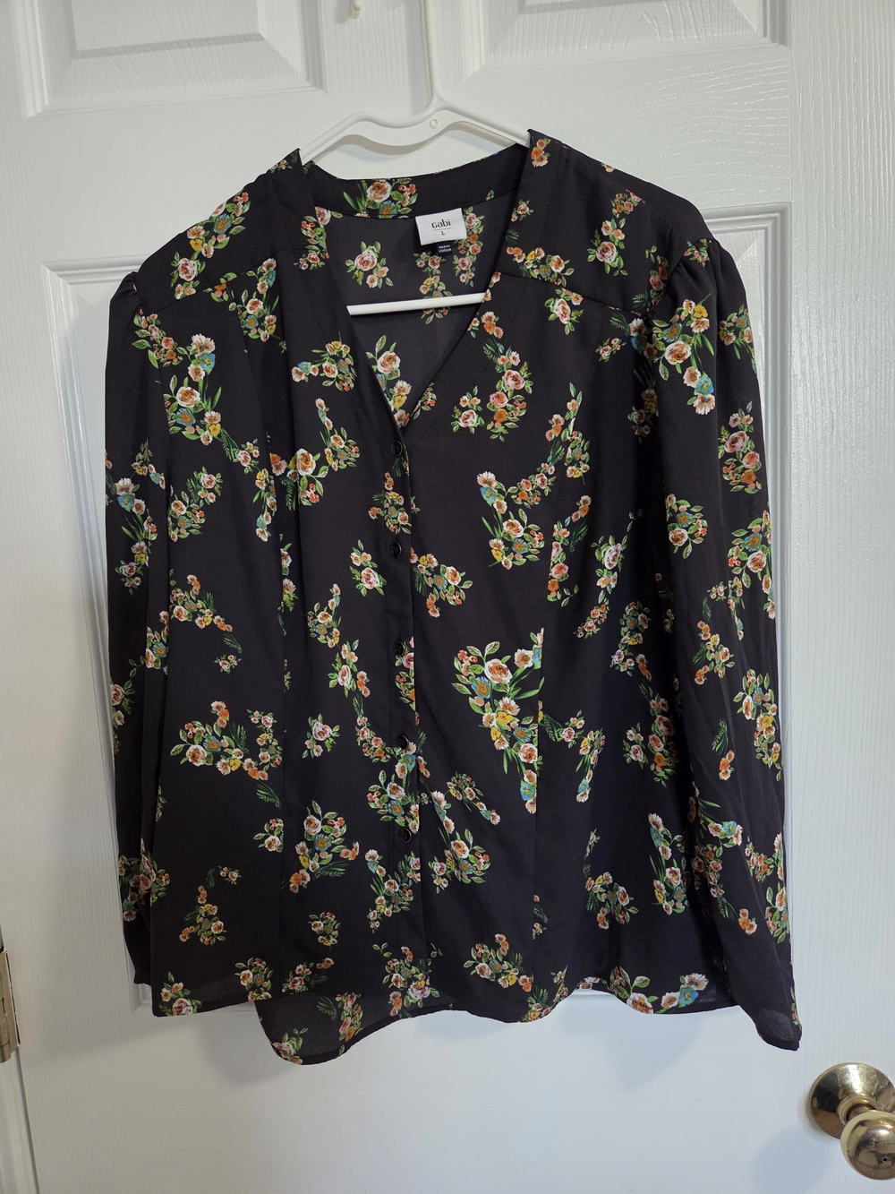 CAbi Black Floral V-Neck Long Sleeve Blouse